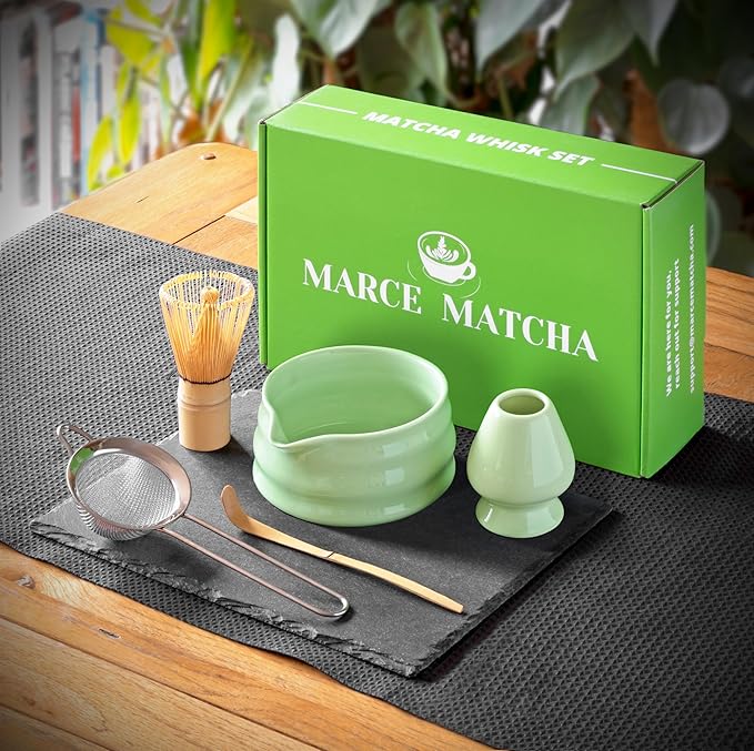Matcha Whisk Set- Matcha Set includes Matcha Whisk and Bowl with Spout, Sifter, Holder and Scoop- The Perfect Bamboo Whisk for Matcha Tea (Green)