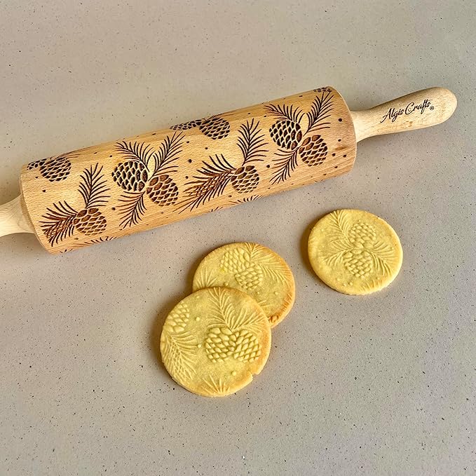 Embossing Rolling Pin PINE CONES – Dough and Clay Roller for Embossed Cookies and Pottery, Cookie and Ceramic Stamp, Baking Gifts for Women by Algis Crafts