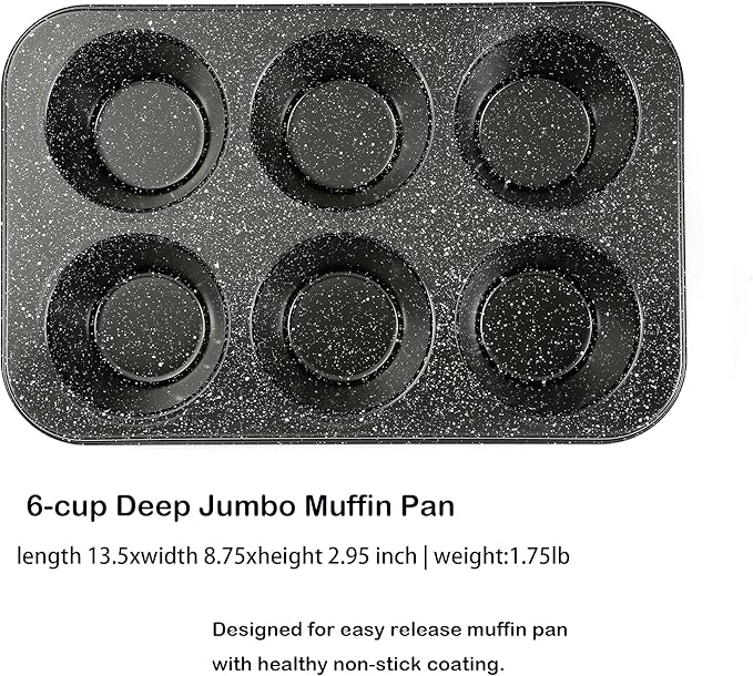 Monfish Jumbo Deep Muffin Pan 6 Extra Large Cup Cupcake Tray Black Granite Finish Muffin Tin Carbon Steel