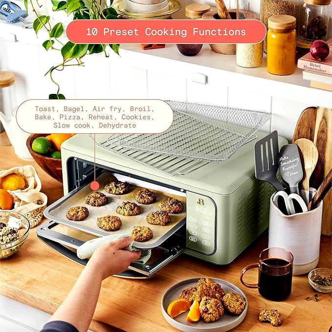 Beautiful Infrared Air Fryer Toaster Oven Combo - 10-in-1 Countertop Convection Oven with Air Fry, Bake, Pizza, Toast & Dehydrate Functions - 1800W Stainless Steel Kitchen Appliance (Sage Green)
