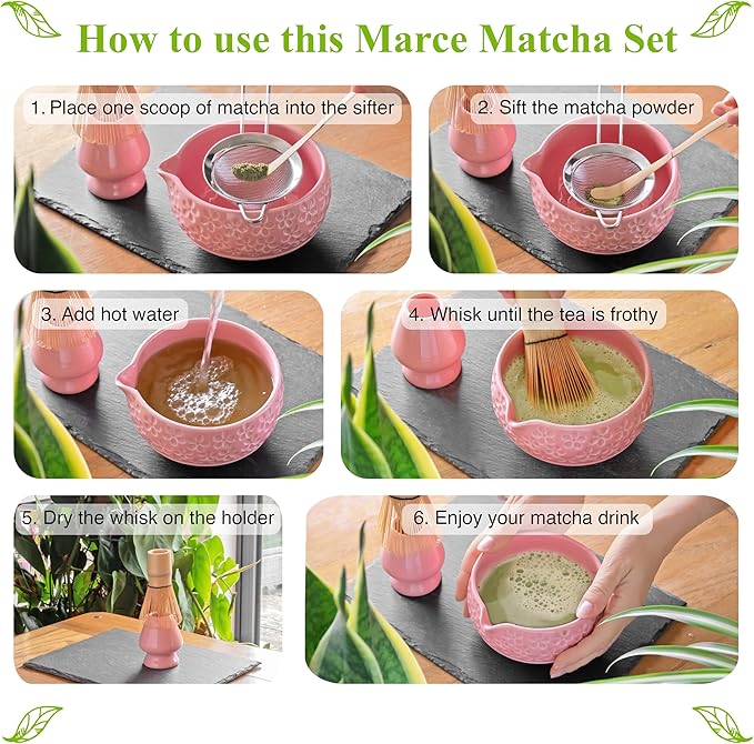 Matcha Whisk Set- Matcha Set includes Matcha Whisk and Bowl with Spout, Sifter, Holder and Scoop- The Perfect Bamboo Whisk for Matcha Tea (Pink Flowers)