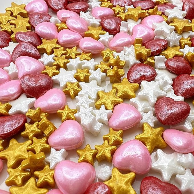 SE Si&Moos White and Gold Star Candy Red and Pink Heart Sprinkles Star and Heart Cake Decorations Edible Stars Valentine Sprinkles for Cakes, Cupcakes, Cookies, Shower Party Birthday Holiday Supplies 3.5 OZ
