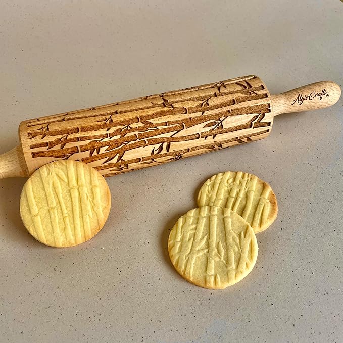 Embossing Rolling Pin BAMBOO – Dough and Clay Roller for Embossed Cookies and Pottery with Asian Bamboo Pattern, Cookie and Ceramic Stamp, Baking Gifts for Women by Algis Crafts