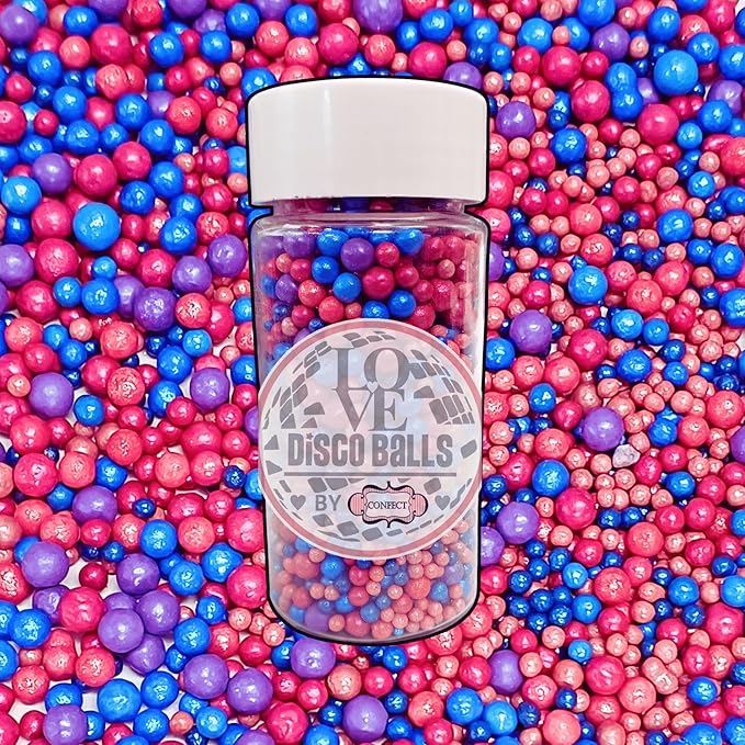 Confect Love Disco Balls Sprinkle Mix – Pink, Blue & Purple Pearl Candy Balls for Cake Decorating, Cupcakes, Cookies & Desserts – Edible Sprinkles Topping | Vegan, Gluten-Free, Nut-Free, Soy-Free, Dairy-Free, Palm Oil-Free- 4.2 Oz