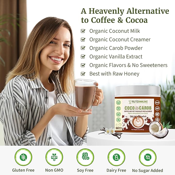 Milk Chocolate Coco Carob Powder - Caffeine Free Cocoa Powder & Coffee Alternative with Coconut Milk & Creamer for Cognitive & Energy Support - Soy, Gluten, Dairy, & Sugar Free Carob Chocolate