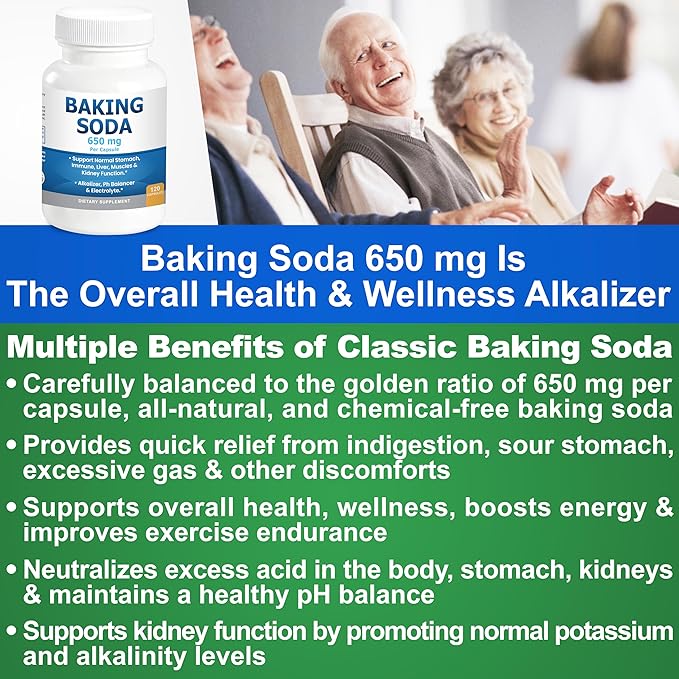Natural Baking Soda Capsules - 650mg Baking Soda Tablets for Kidney & Stomach Acid - Sodium Bicarbonate Pills, Bicarbonate of Soda, Bicarbonato de Sodio para Tomar, Sodium Bicarbonate 650 mg 2-Pack