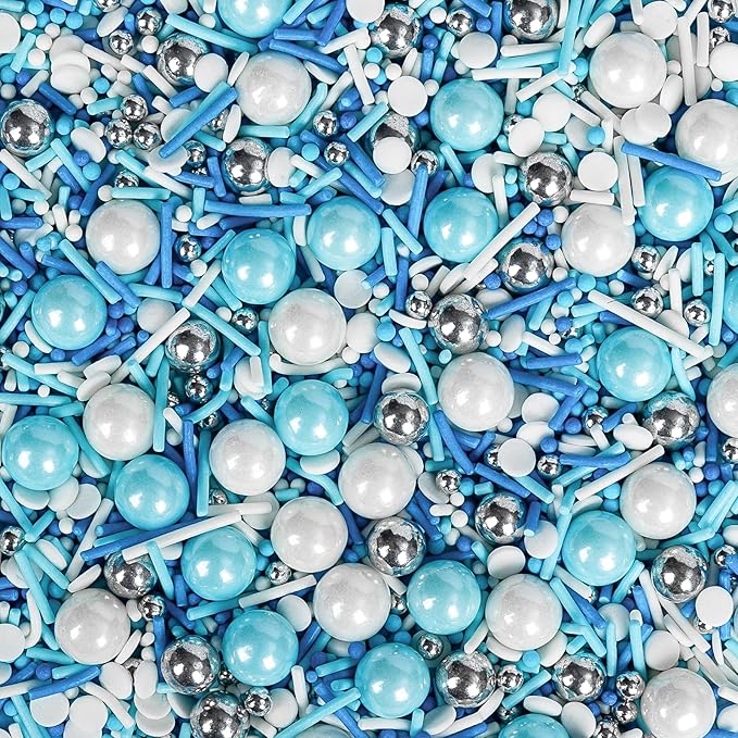 Christmas Edible Blue Silver White Sprinkles,Winter Jimmies Pearls Mix,130g/4.58oz,Perfect for Cake Decorations,Cake and Cupcake Sprinkles with Assorted Shapes and Sizes for Parties Baking, Ice Cream, Cookies, Cupcake Topper