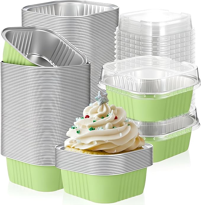 Aoriher 150 Pieces 10 oz Mini Cake Pans with Lids Aluminum Foil Baking Cups Square Disposable 4" x 4" Large Cupcake Cups Baking Tins for Kitchen Brownie Pudding Desserts Holders(Light Green)