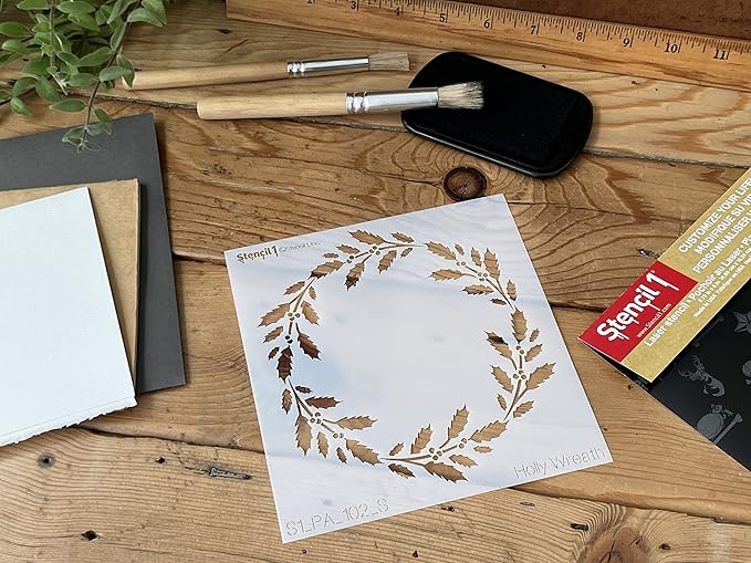 Stencil1 Holly Wreath Stencil – Reusable Winter Template for DIY Crafts, Holiday Decor, Painting on Wood, Fabric, Cards & More - 5.75" x 6"