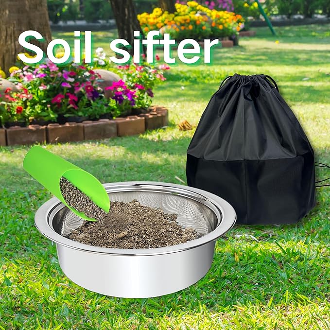 Soil Sifter for Gardening, Stainless Steel Sifting Pan Dirt Sifter, 9.5in Rock Sifter with 5 Sieve Mesh Filter Sizes