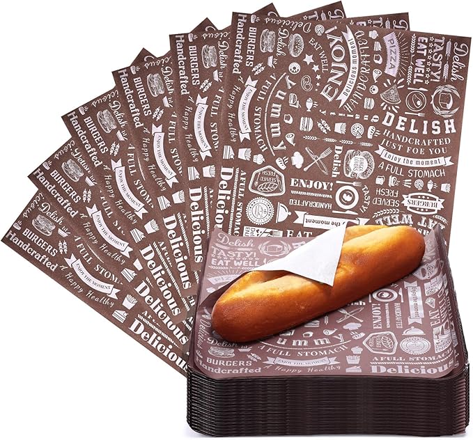 Outus 600 Pcs 10 x 10 Inch Deli Wax Paper Sheets Grease Resistant Tray Basket Liners Newsprint Paper Water and Grease Proof Sandwich Wrapping Square Hot Dog Wrappers for Food Baking (Coffee Color)