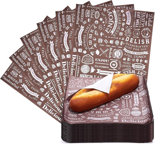 Outus 600 Pcs 10 x 10 Inch Deli Wax Paper Sheets Grease Resistant Tray Basket Liners Newsprint Paper Water and Grease Proof Sandwich Wrapping Square Hot Dog Wrappers for Food Baking (Coffee Color)