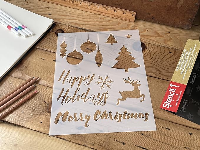 Stencil1 Holiday Card Making 8 Pack Set Stencil – Reusable Winter Christmas Template for DIY Crafts, Holiday Decor, Painting on Wood, Fabric, Cards & More - 8.5" x 11"