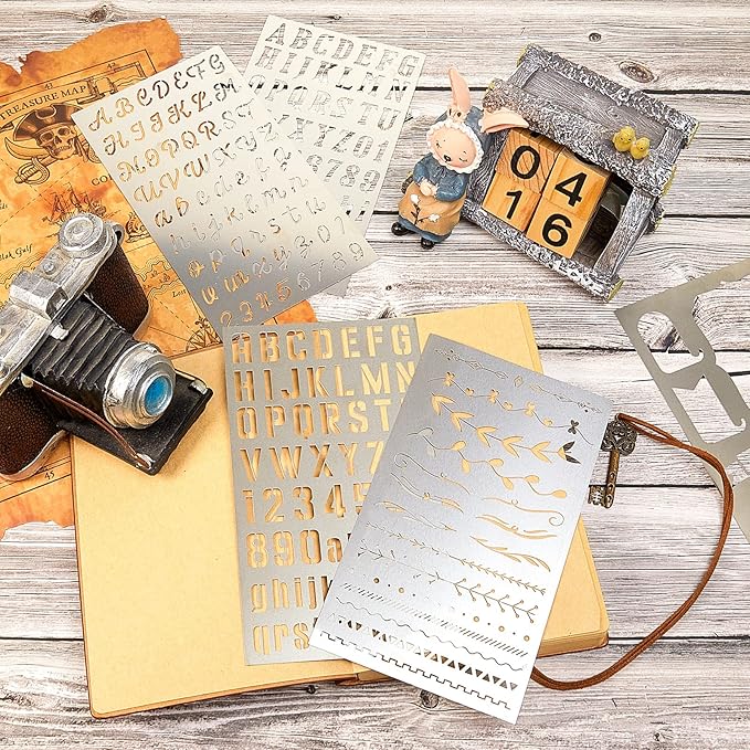Lewtemi 8 Pcs 4 x 7 Inch Metal Letter Number Stencils Stainless Steel Metal Alphabet Stencils for Engraving Painting Journaling Bookmark Flower Vines DIY(Classic Style)