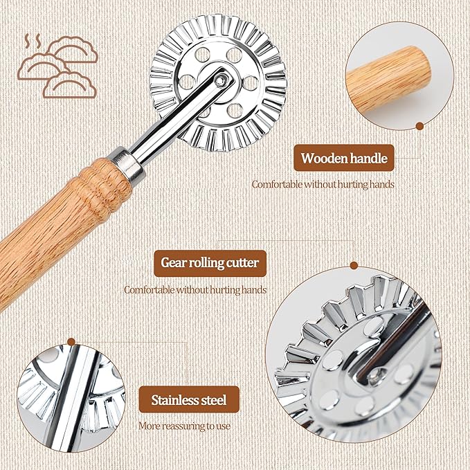 Long Handle Large Cutter Wheel - Exquisite Wooden Handle, Perfect for Pasta, Pizza, Ravioli, Pastry,Cookie - Versatile Crinkle and Biscuit Cutter for Effortless Slicing