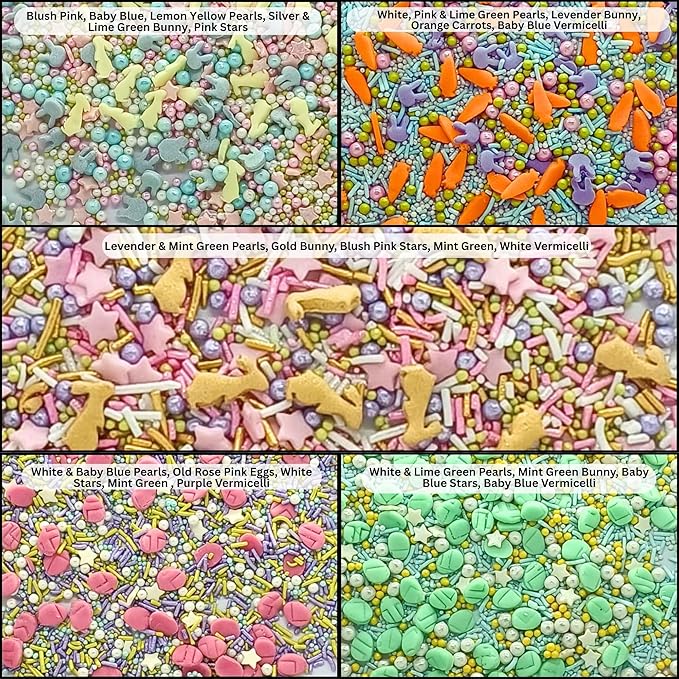 Confect Edible Sprinkles – Assorted 5-Pack | Easter & Baby Shower Cake Decorations | Green & Pink Sprinkles, Bunny Mix, Yellow & Gold Toppings | Vegan, Gluten-Free, Nut-Free, Soy-Free, Dairy-Free, Palm Oil-Free – 5 oz