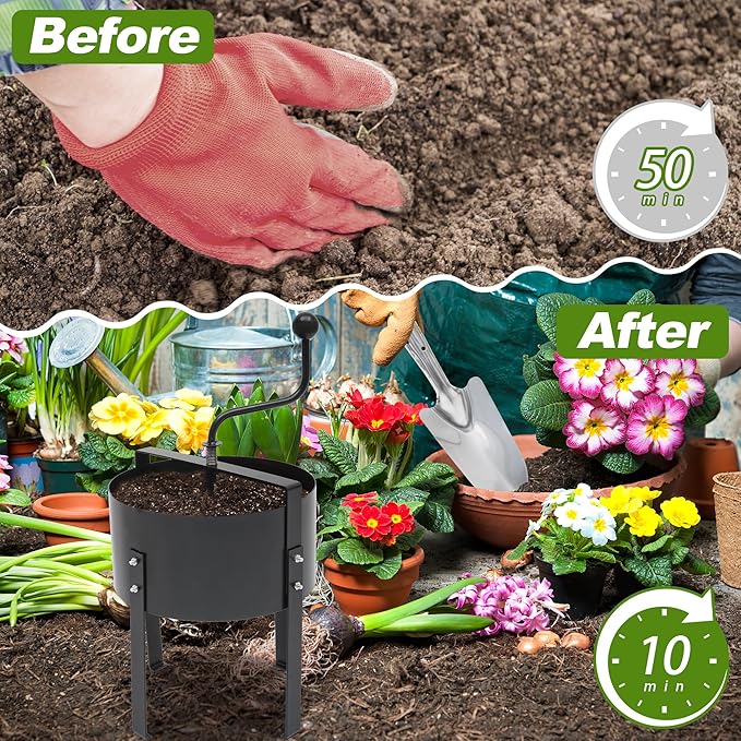 Rotary Soil Sifter Compost Sieve with Gloves and Shovel, Steel Garden Potting Sifting Mesh Rock Sand Dirt Sieve, 13" Sifting Filter with 1/5 Inch Mesh Sifting