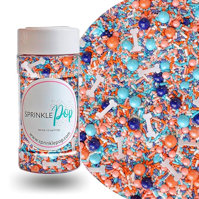 Sprinkle Pop Oh Biscuits! Sprinkle Mix | Blue Orange White Peach Sprinkles with ~20 Dog Bones Wafer Papers| Bluey Themed Sprinkles Made in USA for Decorating Birthday Cakes Cookies Cupcakes, 4oz