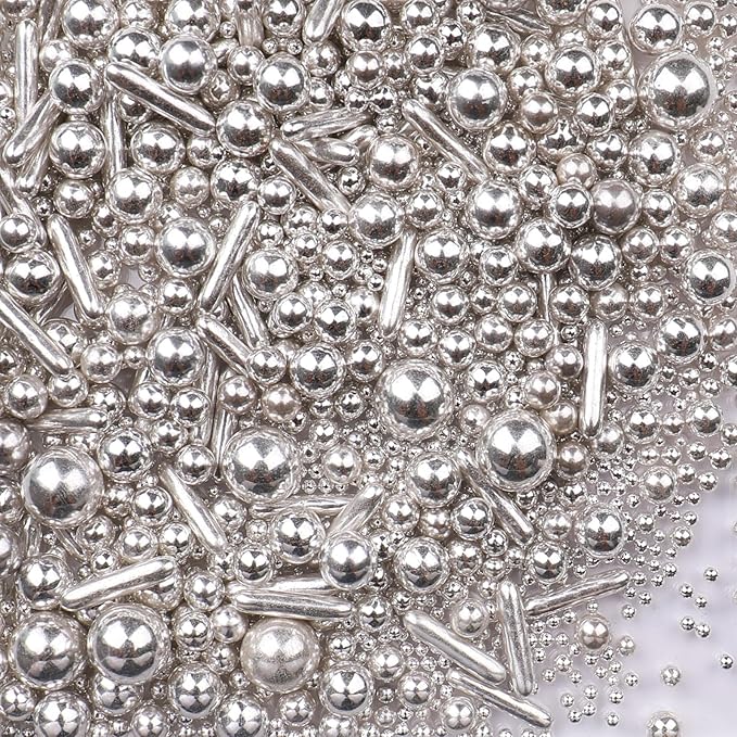 Sliver Sprinkles for Cake Decorating, 4.6Oz Silver Rod and Pearl Sprinkles Mix for Baking, Cupcake, Cookie, Ice Cream, Donuts and Cake Decorating