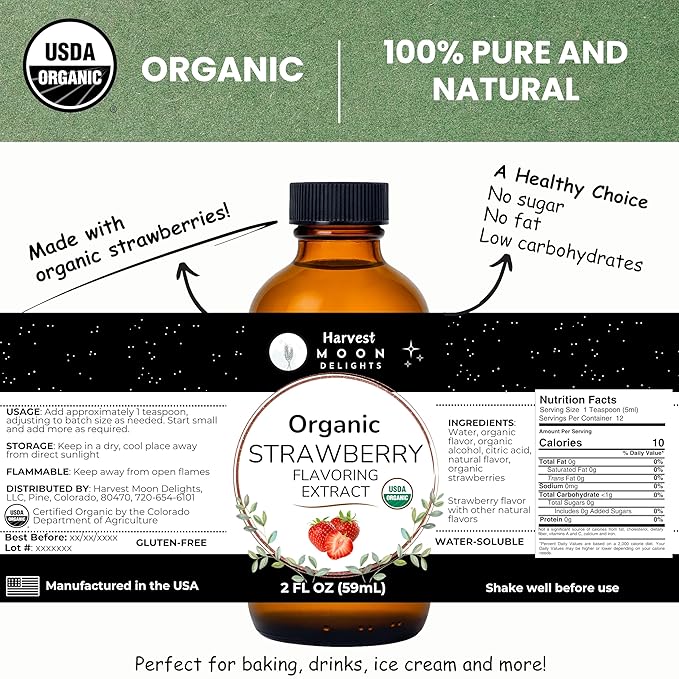 Organic Strawberry Flavoring Extract for Baking, Ice Cream, Drinks, and Candy - 2 oz - Water-Soluble - By Harvest Moon Delights - Pure Strawberry Extract and Flavoring