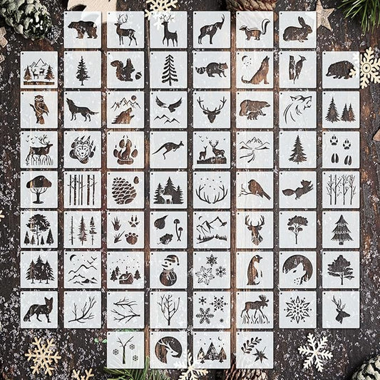 66 Pcs Small Stencils for Crafts Reusable 3 Inch Stencils for Painting on Wood DIY Craft Paint Template for Wall Home Decor Card Rock Canvas Drawing Holiday Ornament(Deer)