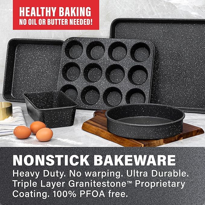 Granitestone Black 5 Pc Nonstick Bakeware Set With Oven Pans, Baking Sheet - Complete Kitchen Baking Set, Oven and Dishwasher Safe