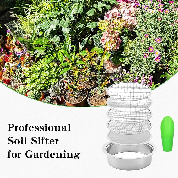 Stainless Steel Soil Sifter for Gardening,Sand Sifter Tool with Interchangeable Mesh Screens(1,3,6,9,12mm) and Scoop Shovel,Soil and Compost Screening Kit