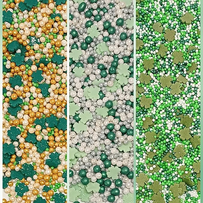 Confect St. Patricks Green ,White and Gold Pearl, Vermicelli Edible Sprinkles for Baking & Cake Decorative | Cookie Sprinkles mix Pack of 5 | Vegan, Gluten-Free, Nut-Free, Soy-Free, Dairy-Free, Palm Oil-Free - 5 Oz