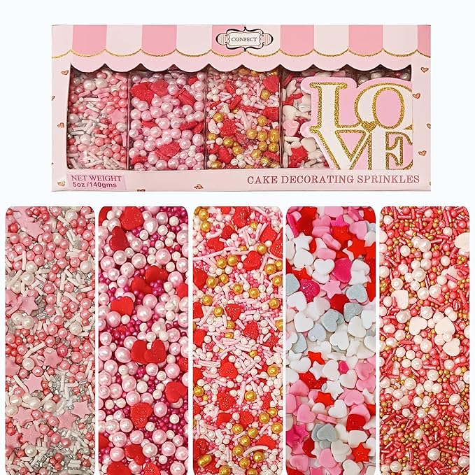 Confect Pink, Red & White Pearls Sprinkles | Mix Hearts Sprinkles | Anniversary Sprinkles for Baking & Cake Decorative | Cookie sprinkles | Edible sprinkles Mix Pack of 5 - Vegan, Gluten-Free, Nut-Free, Soy-Free, Dairy-Free, Palm Oil-Free -5 Oz