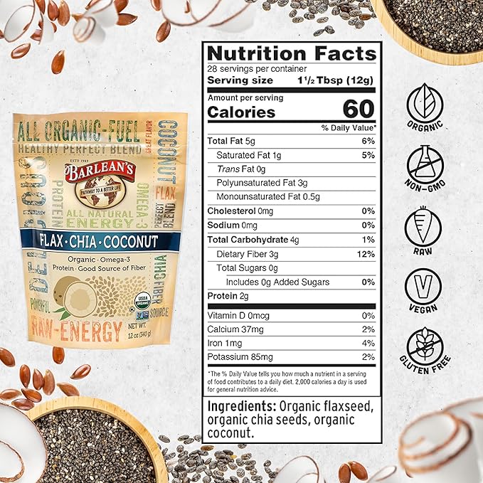 Barlean's Organic Flax Chia Coconut Seed Blend with 2,330 mg Omega 3 Fatty Acids, Fiber Supplement with Whole Chia Seeds and Ground Flaxseed, 12 oz, 2 Pack