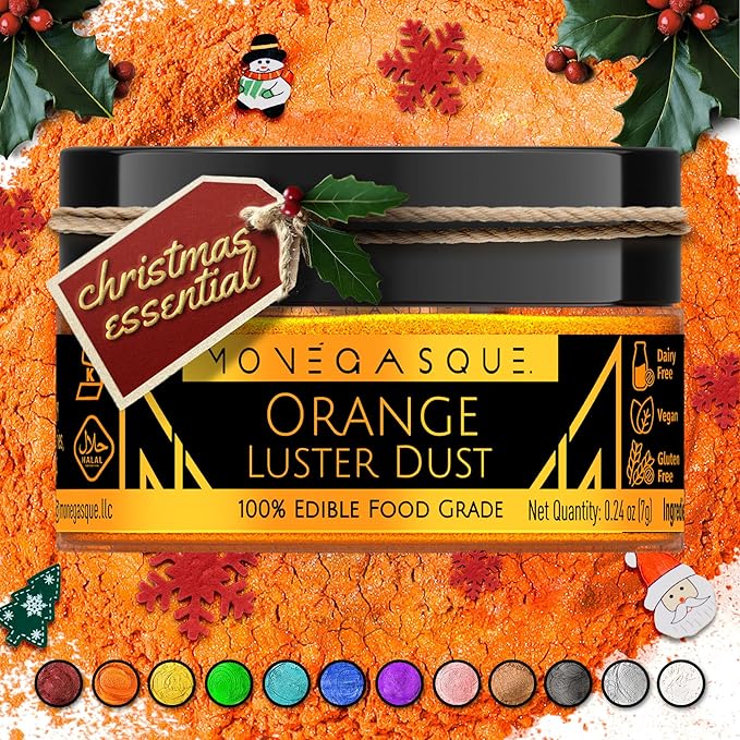 MONÉGASQUE Orange Edible Glitter for Drinks 7g – Edible Glitter for Cakes & Cocktails - Orange Luster Dust for Cocktail & Cake - Christmas Drink Garnish, Food Decorations, Cake Decorating Spray