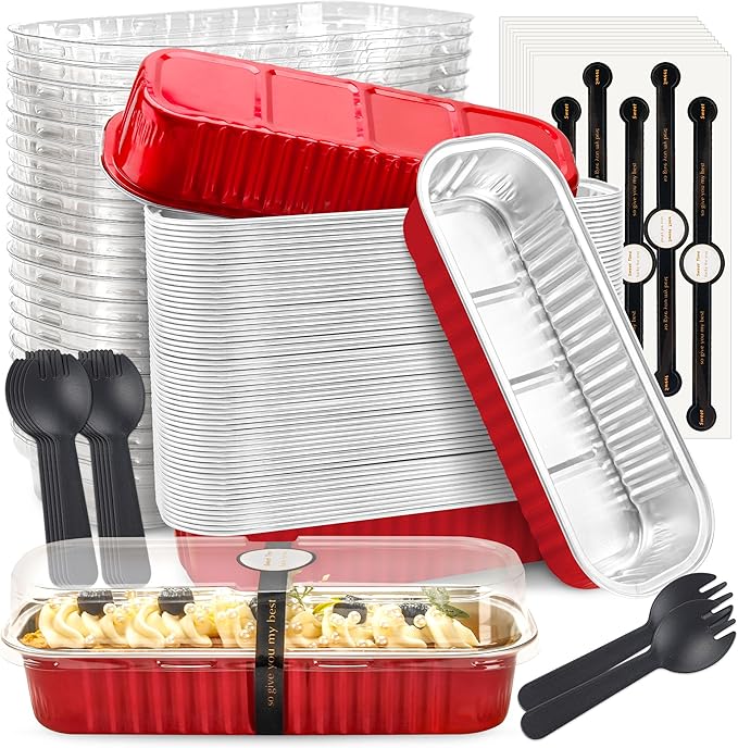 Mini Loaf Pans with Lids and Spoons Rectangular Aluminum Foil Baking Pans Mini Cheesecake Containers 6.8oz(60 Pack, Red)