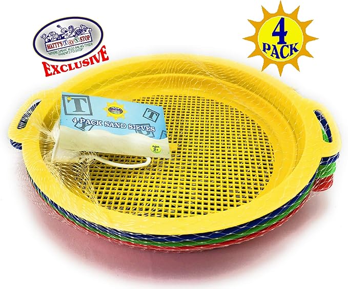 Matty's Toy Stop Sand Sifter Sieves for Sand & Beach (Red, Blue, Yellow & Green) Complete Gift Set Bundle - 4 Pack (8.75'' x 9.75")