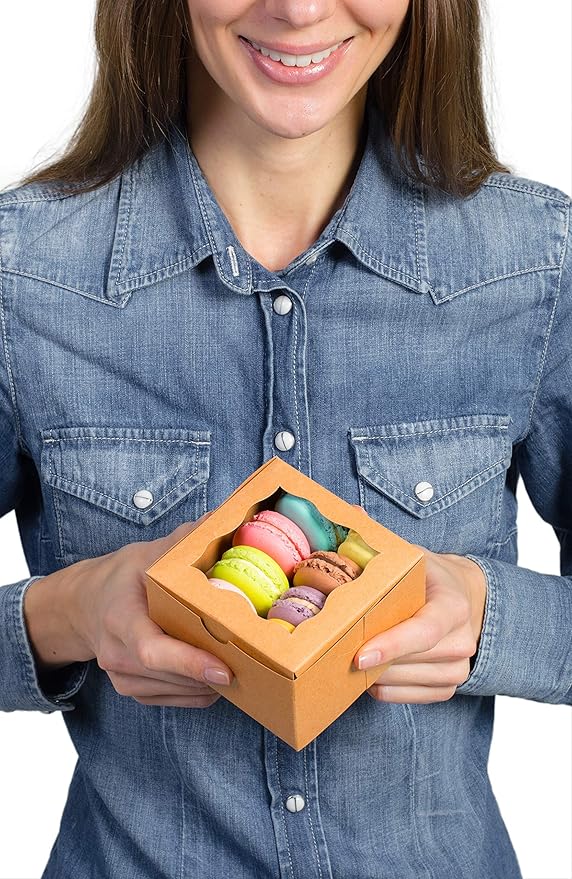 BAKELUV 12pcs Brown Small Cookie Boxes with Window, 4x4x2.5 Inches Bakery Boxes, Mini Cake, Treats, Macaron Packaging, Individual Cupcake, Gift Giving