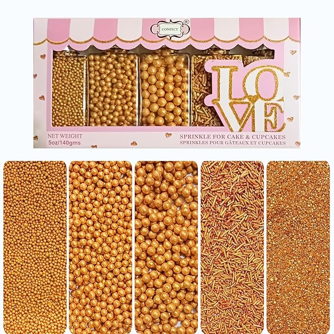 Confect Gold Sprinkles – Assorted 5-Pack for Cake & Cupcake Decoration, Golden Dragees, Jimmies & Sparkling Sugar for Christmas & Birthday Parties | Vegan, Gluten-Free, Nut-Free, Soy-Free, Dairy-Free, Palm Oil-Free -5 Oz