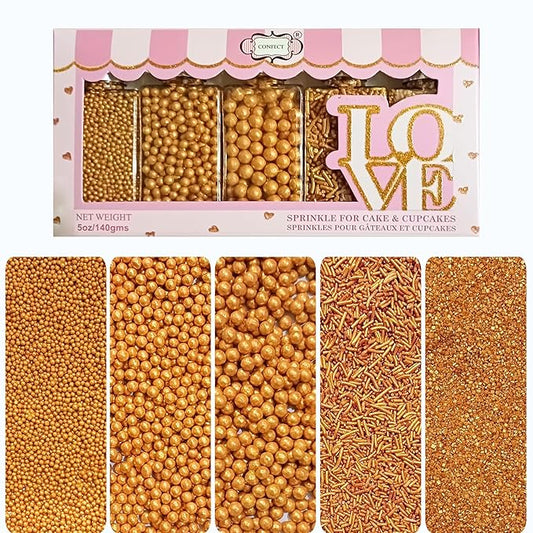 Confect Gold Sprinkles – Assorted 5-Pack for Cake & Cupcake Decoration, Golden Dragees, Jimmies & Sparkling Sugar for Christmas & Birthday Parties | Vegan, Gluten-Free, Nut-Free, Soy-Free, Dairy-Free, Palm Oil-Free -5 Oz