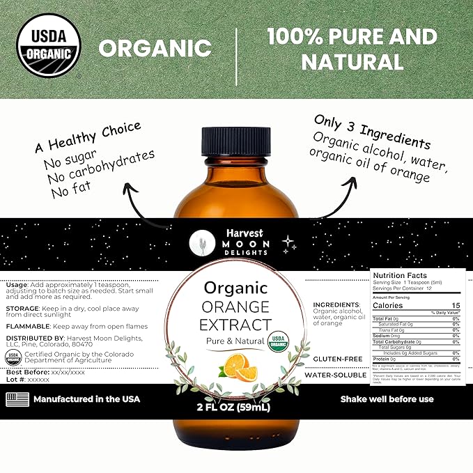 Organic Orange Extract for Baking, Ice Cream, Drinks, and Candy - 2 oz - Water-Soluble - By Harvest Moon Delights - Pure Orange Extract, Flavoring, Flavor