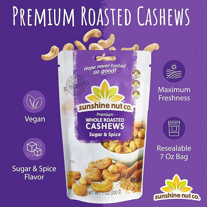 Sunshine Nut Company Whole Roasted Lightly Salted Cashews, Sugar and Spice Flavor, 6 Pack, 7 oz. Each, Gluten Free, Peanut Free and Vegan Individual Snack Packs for Kids and Adults, GMO Free