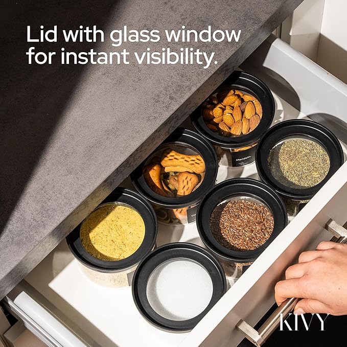 KIVY Glass spice jars transparent Glass Lid [6x 12oz] Stackable & Airtight small glass jars - Spice containers - Seasoning jars tea - Spice storage containers - Spice jars with black lids & labels