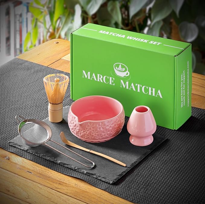 Matcha Whisk Set- Matcha Set includes Matcha Whisk and Bowl with Spout, Sifter, Holder and Scoop- The Perfect Bamboo Whisk for Matcha Tea (Pink Flowers)