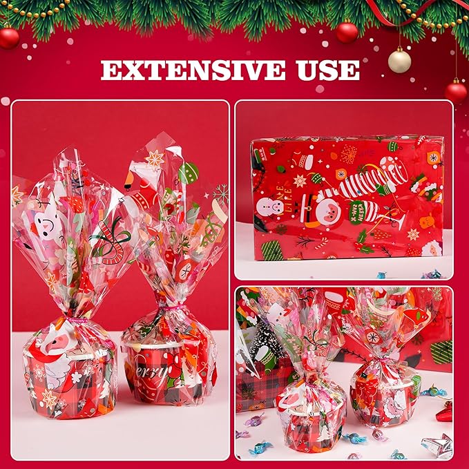 100 Ft X 32 in Christmas Cellophane Wrap Roll Christmas Cellophane Bags Xmas Cellophane Wrap with Special Santa Claus Elk Christmas Tree for Christmas Gift Basket, Treat Wine(Christmas Pattern)