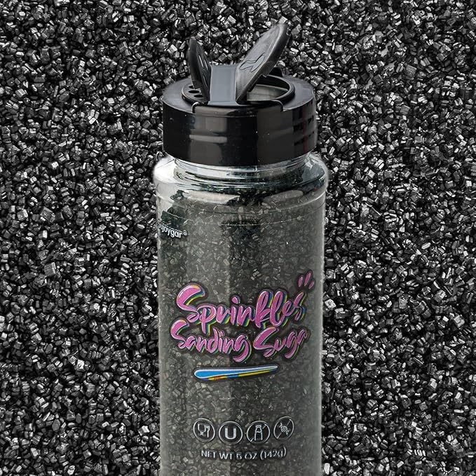 Sujoygar Black Saning Sugar Sprinkles, 5oz Edible Halloween Black Sugar Crystals for Cocktails, Cake Sprinkles for Chocolate Ice Cream Toppings Cupcake Decoration Wedding Party Cookies Baking Dessert Food Supplies
