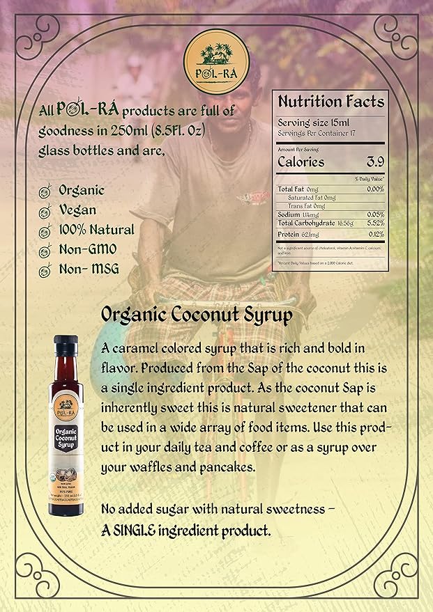 P L-RA Organic Pure Coconut Syrup for Waffles, Pancakes, Coffee & Desserts - Creamy Tropical Flavored - Natural Flavor Drink Mix - Gluten Free - Soy & Sodium Free - Kosher - 8.5 oz - Pack of 1
