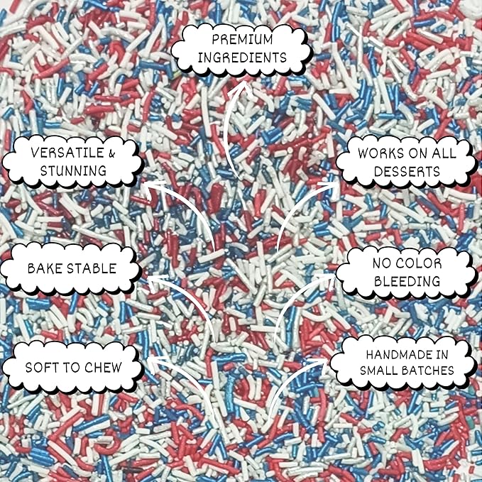 Confect Cake Mate Dessert Sprinkles – Red, Navy Blue & White Vermicelli Sprinkles – Edible Toppings for Cake Decorating, Cupcakes, Cookies & Ice Cream | Vegan, Gluten-Free, Soy-Free, Dairy-Free, Palm Oil-Free- 4.2 Oz