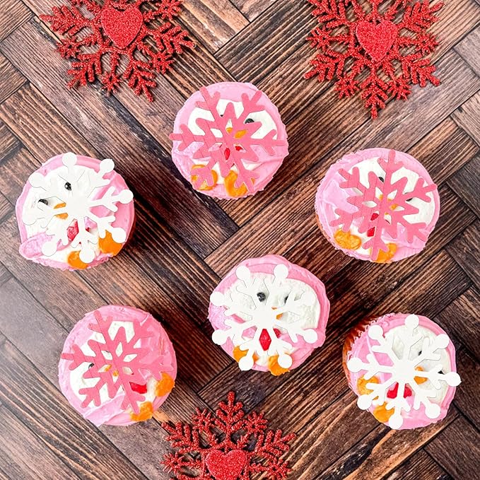 Gyufise 60Pcs Edible Snowflake Cupcake Toppers Winter Cupcake Picks Water Paper Winter Frozen Cake Decorations for Snowflake Theme Baby Shower Kids Birthday Party Supplies Pink White