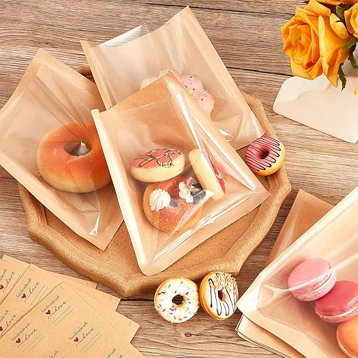 Outus 400 Pcs Cookie Packaging Bags with Seal, 7.1 x 7.5 Inch Bakery Pastry Bags with Window, Heat Sealable Grease Resistant Paper to Go Bake Sleeves for Gift Giving Donut Bread Sandwich (Brown)