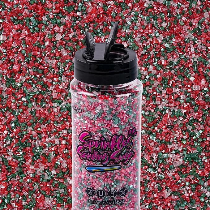 Sujoygar Christmas Sanding Sugar Sprinkles, 5oz Edible Sugar Crystals for Cocktails, Red Green and White Cake Sprinkles for Chocolate Ice Cream Toppings Cupcake Decoration Christmas Party Cookies Baking Dessert Food Supplies