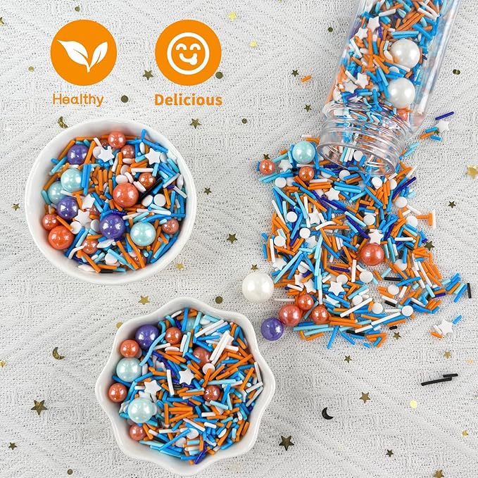 Blue Orange Sprinkles Edible Blue Sprinkle White Star Sprinkles Sugar Pearls for Cake Decorating Navy Orange White Candy Pearls Jimmies Mix Sprinkle for Baking Ice Cream Toppings 100g / 3.5 Oz