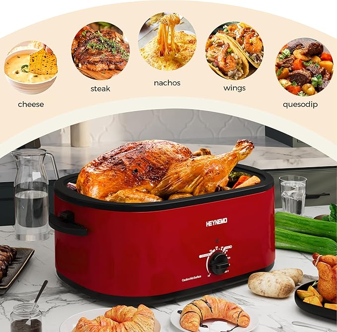 24Qt Turkey Roaster Oven Buffet with Self-Basting Lid, 1450W Electric Roaster Oven with Cool-Touch Handles, Stainless Steel，Removable Pan and Rack, Red
