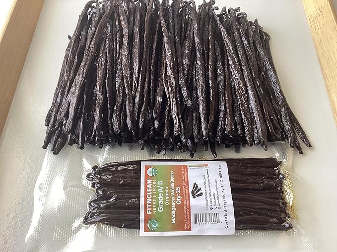25 Organic Madagascar Vanilla Beans Grade A/B. Certified USDA Organic. Bulk for Extract and Everything Vanilla| 5"-7" Fresh Whole NON-GMO Bourbon Pods by FITNCLEAN VANILLA.